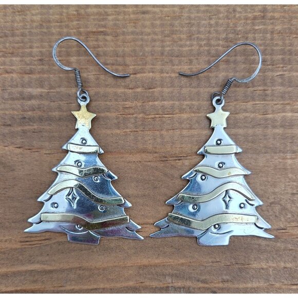 Earrings Sterling Silver & Brass Christmas Tree Star Top Dangle Vintage 14g - Picture 1 of 8